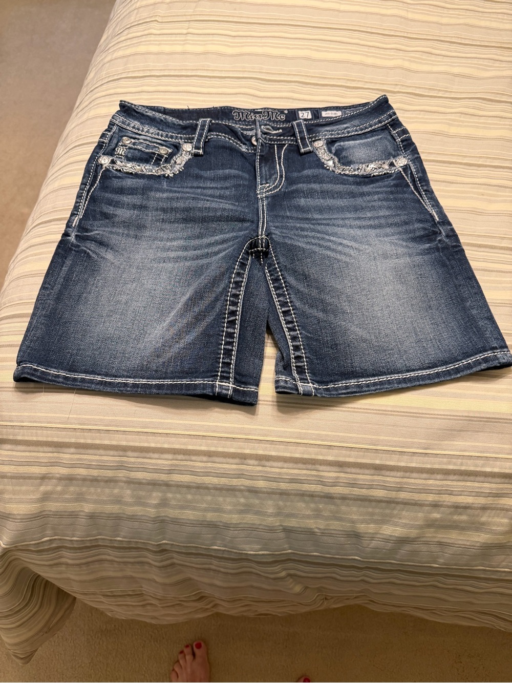 Miss Me Dark Blue Distressed Embellished Denim Shorts